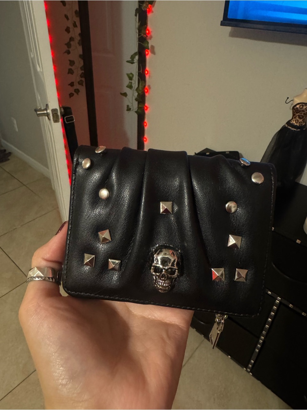 Others Follow Black Studded Leather Skull Crossbody Bag